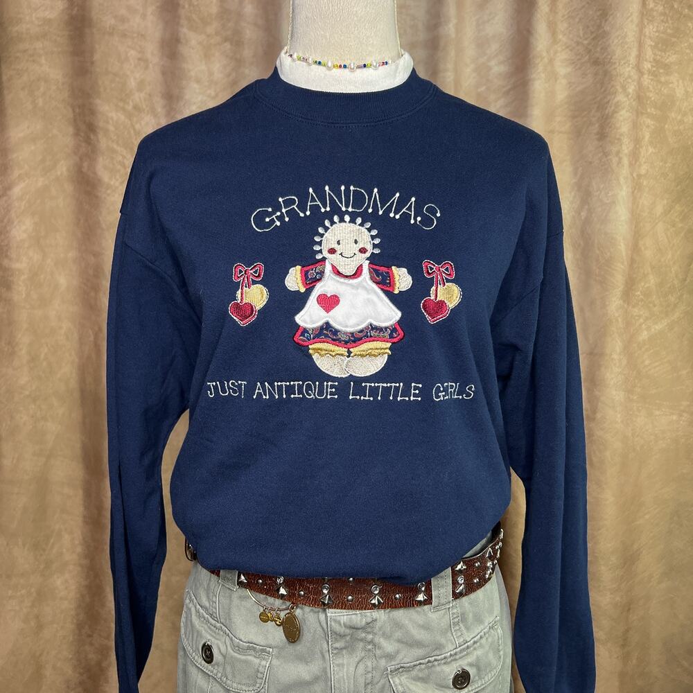 Vintage 80s Grandma Antique Little Girls Sweatshirt Embroidered Navy Cottage